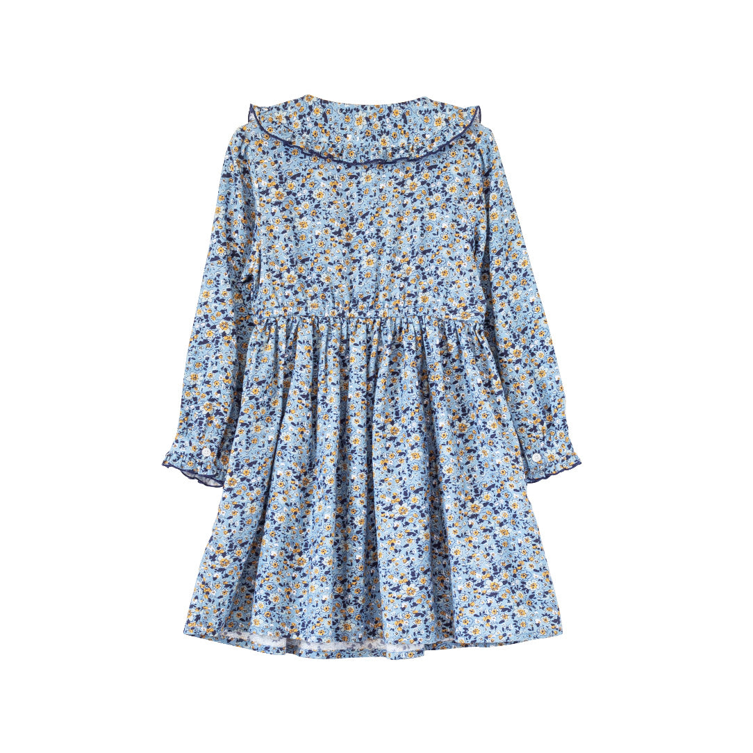 Girls Adelaide Velvet Tie Dress | Blue and Mustard Wildflowers