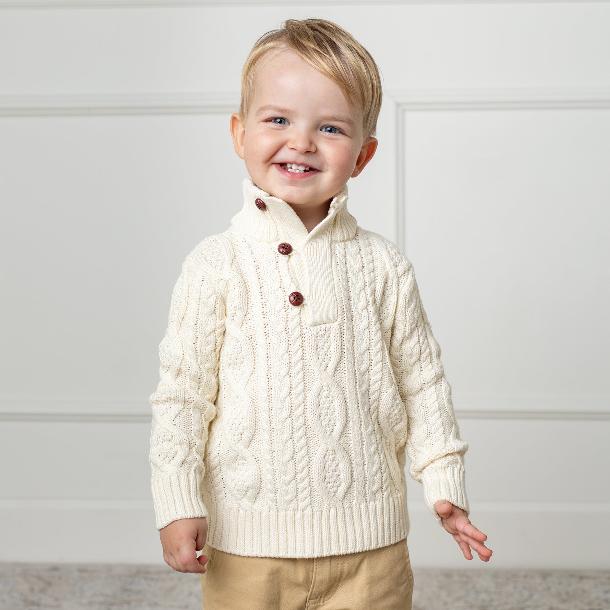 Mock Neck Organic Cable Sweater with Buttons