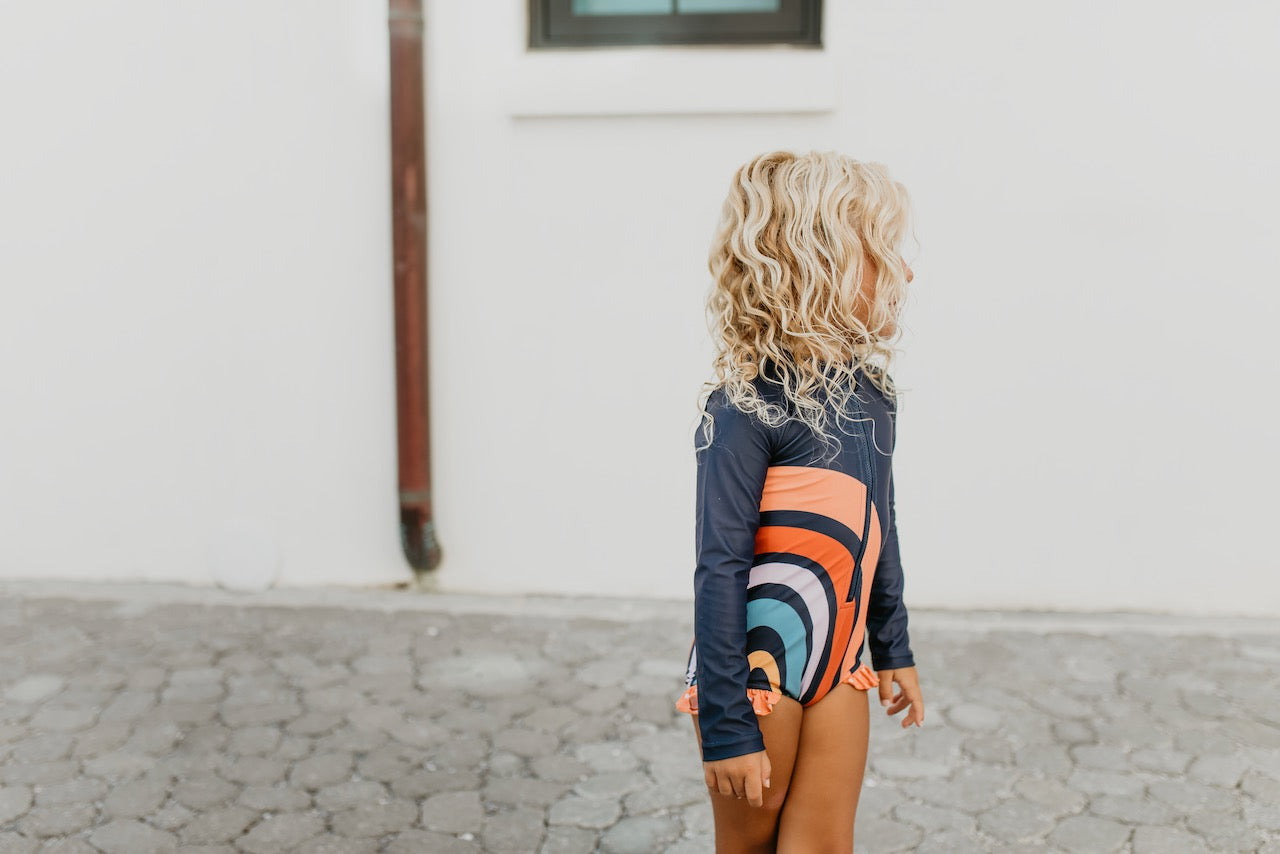 Rainbow Stripe Navy Zip Rashguard Swimsuit
