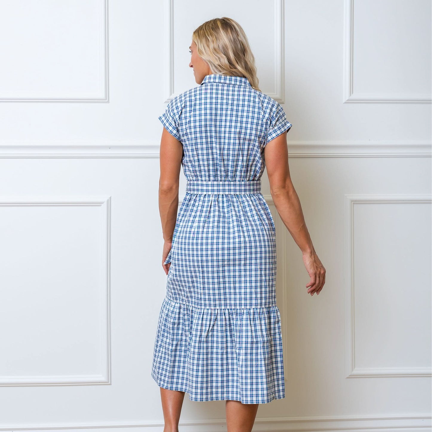 Women’s Organic Maxi Dress – Blue Check Button Front
