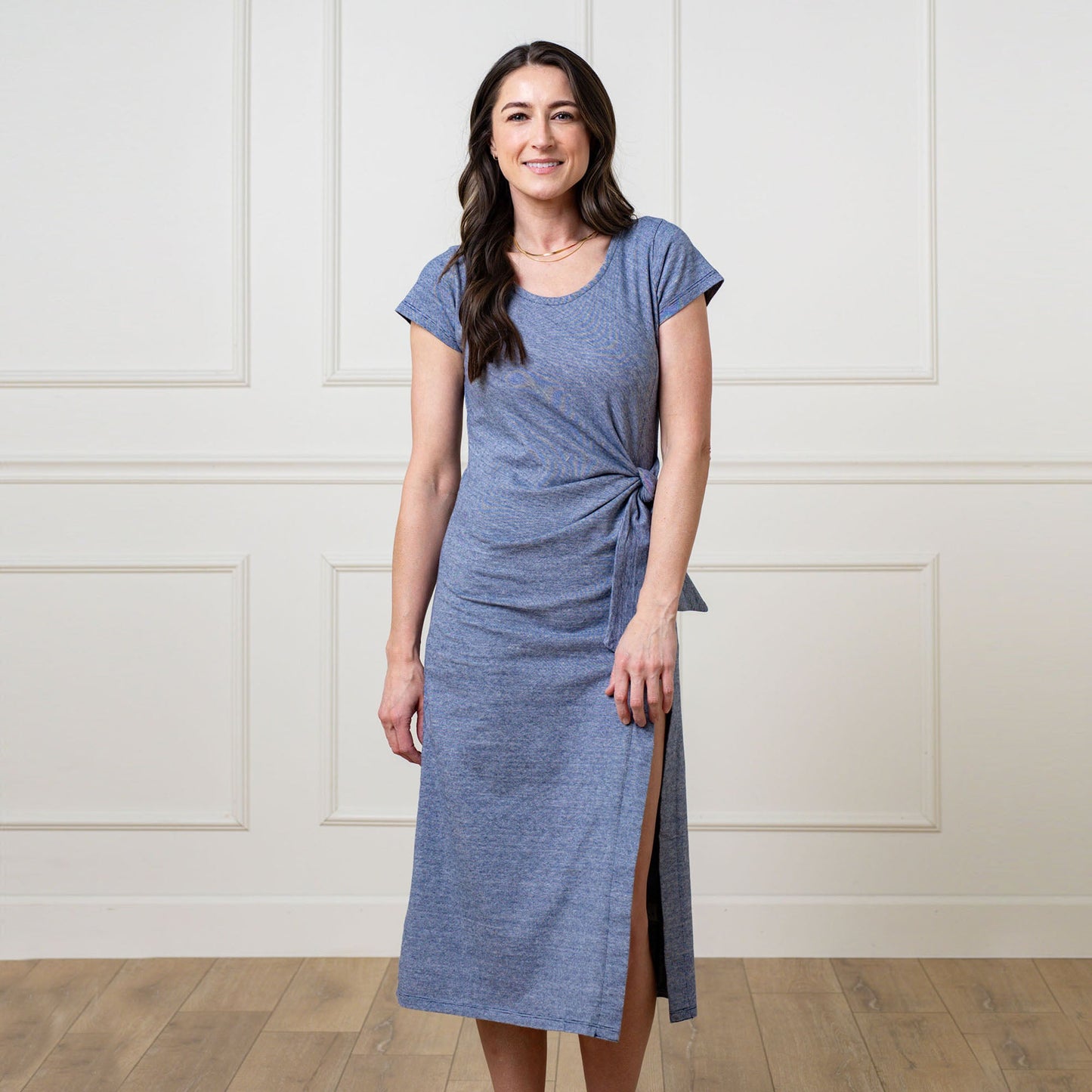 Women’s Navy Microstripe Knit Tie Maxi Dress