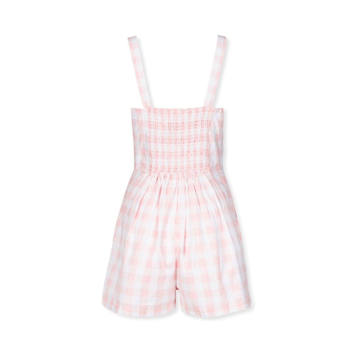Women’s Pink Check Bow Romper – Organic Linen Blend