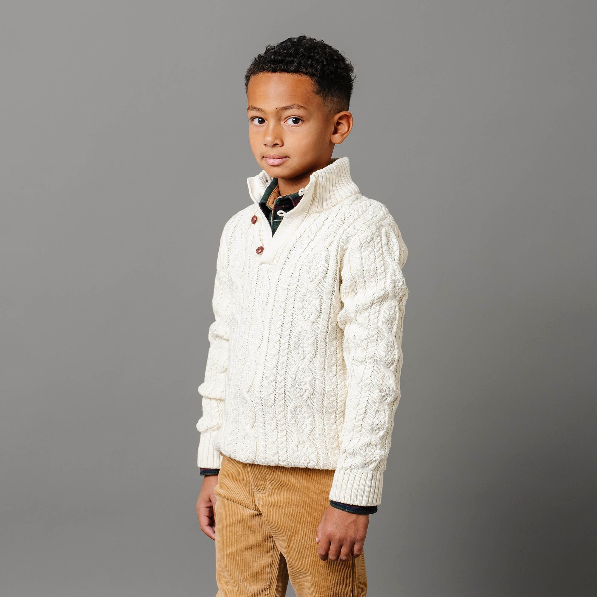 Mock Neck Organic Cable Sweater with Buttons