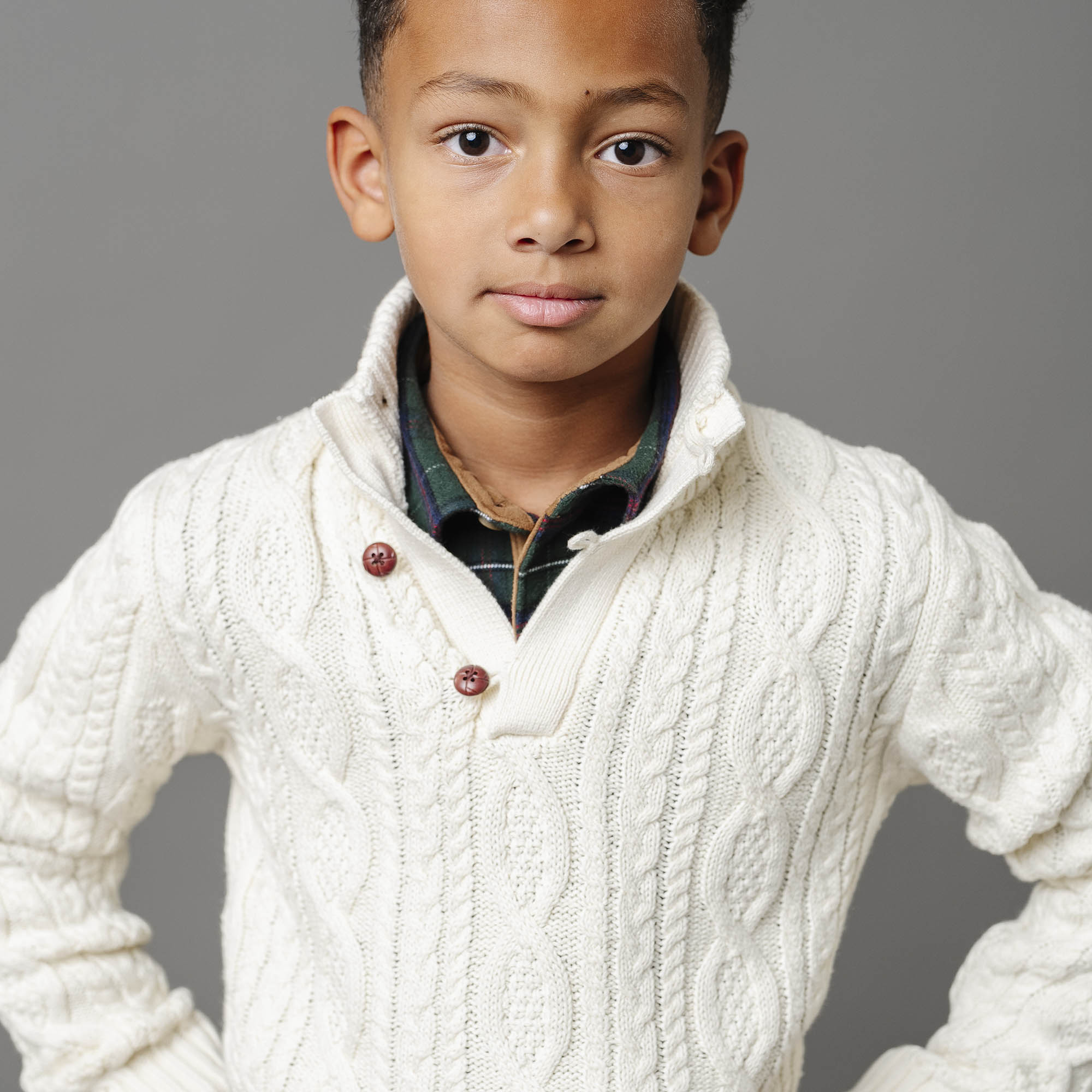 Mock Neck Organic Cable Sweater with Buttons