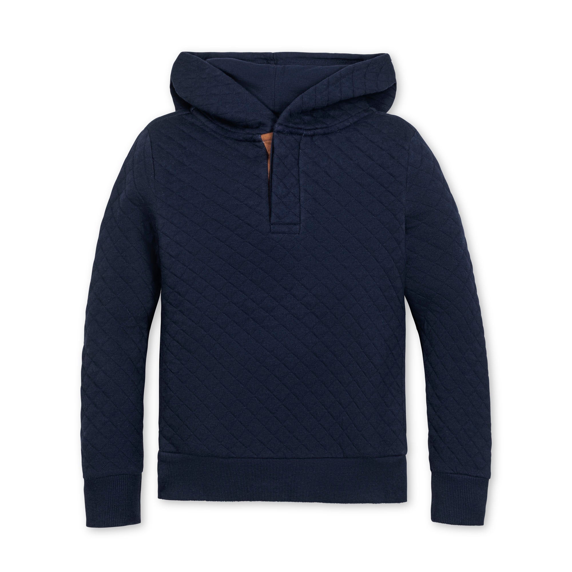 Navy blue quilted hoodie on a white background