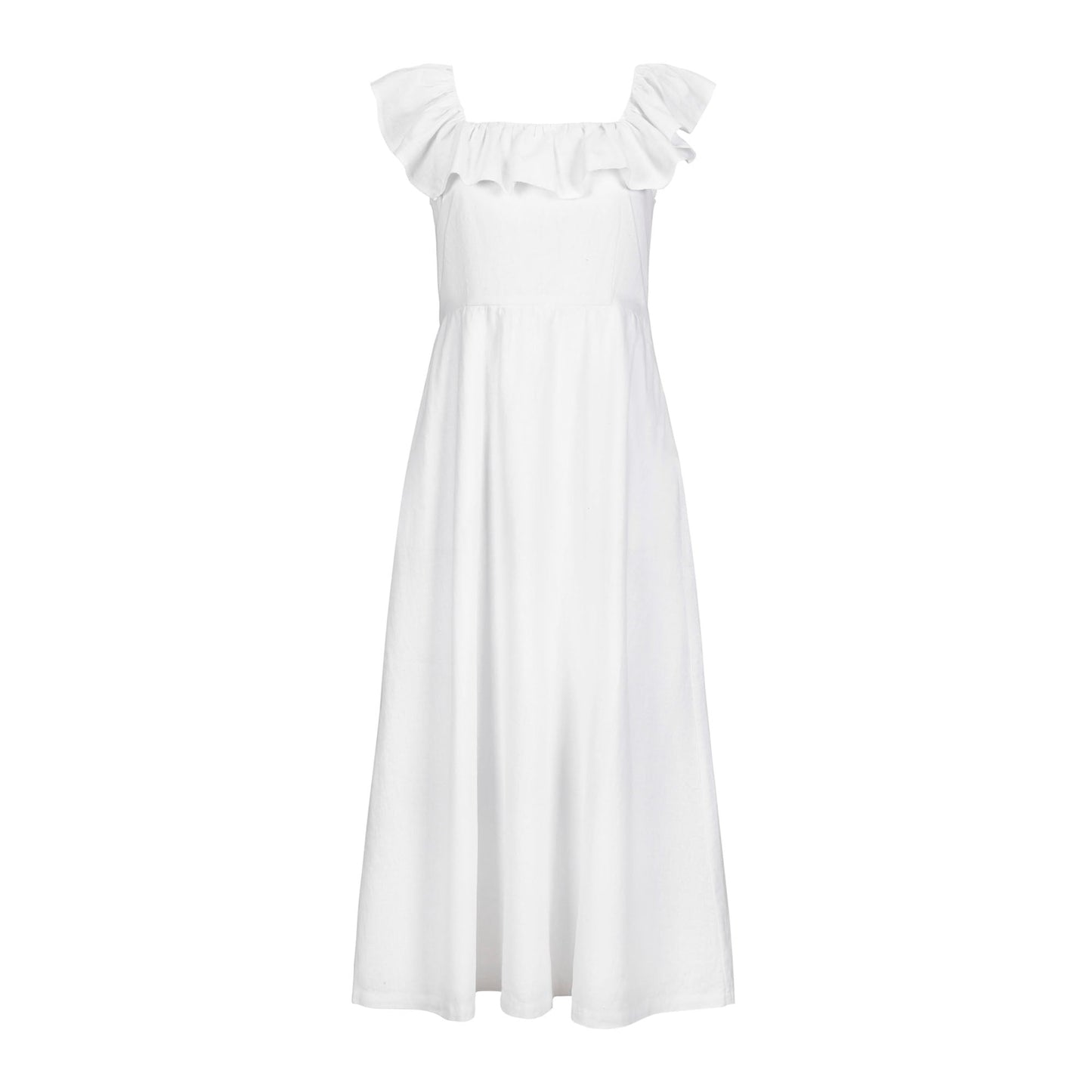 Women’s White Linen Ruffle Collar Dress