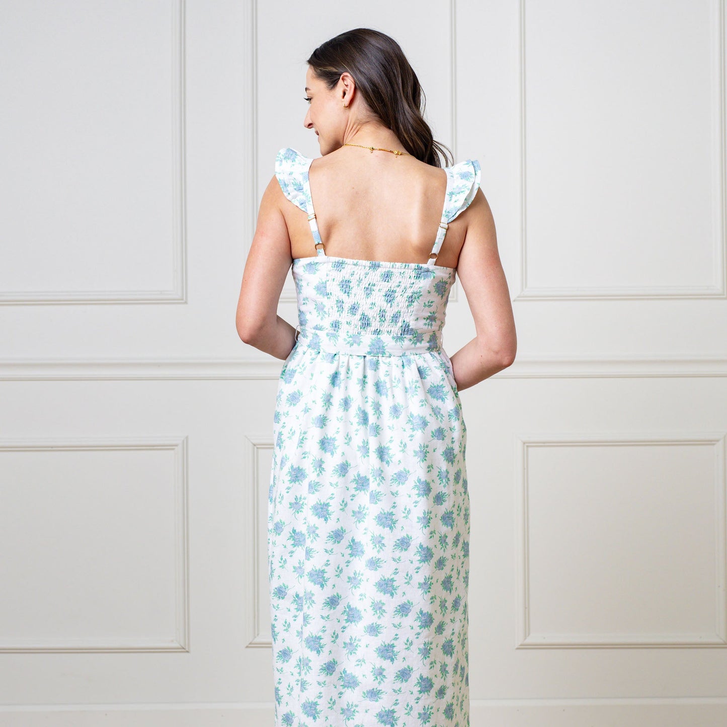 Women’s Linen Party Dress – Coastal Floral Flutter Sleeve