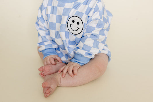 Bubble Romper | Checkered Smiley Blue