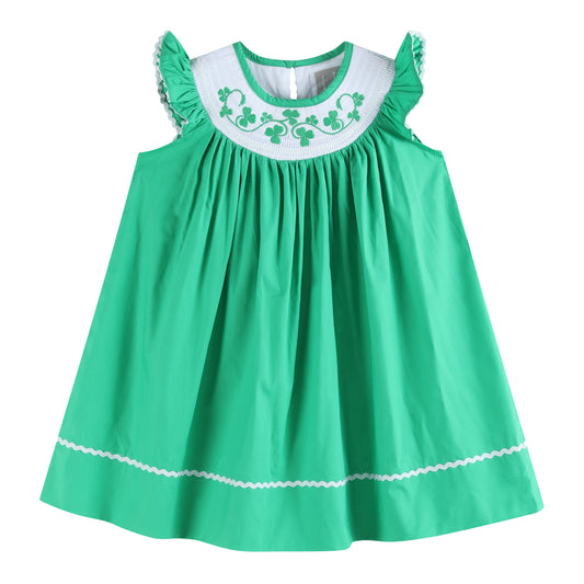 Girls Green St. Patrick's Day Shamrock Smocked Bishop Dress