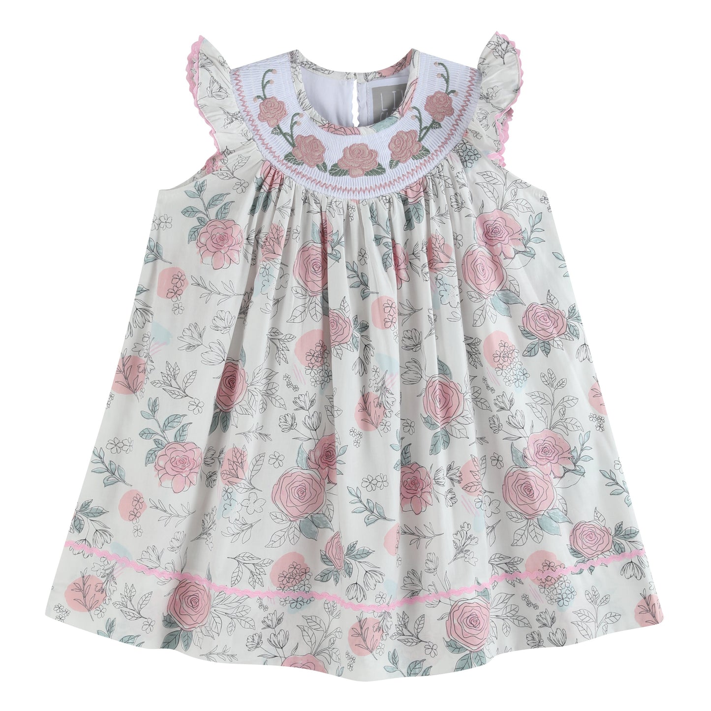 Girls’ White and Pink Floral Smocked Bishop Dress