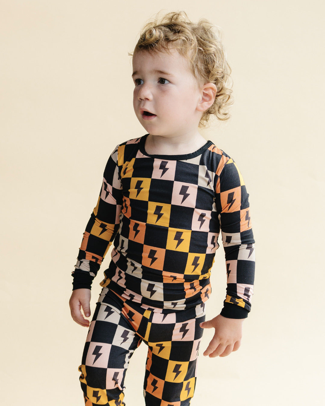 Kids Bamboo Two Piece Pajama Set with Colorful Checks and Bolts