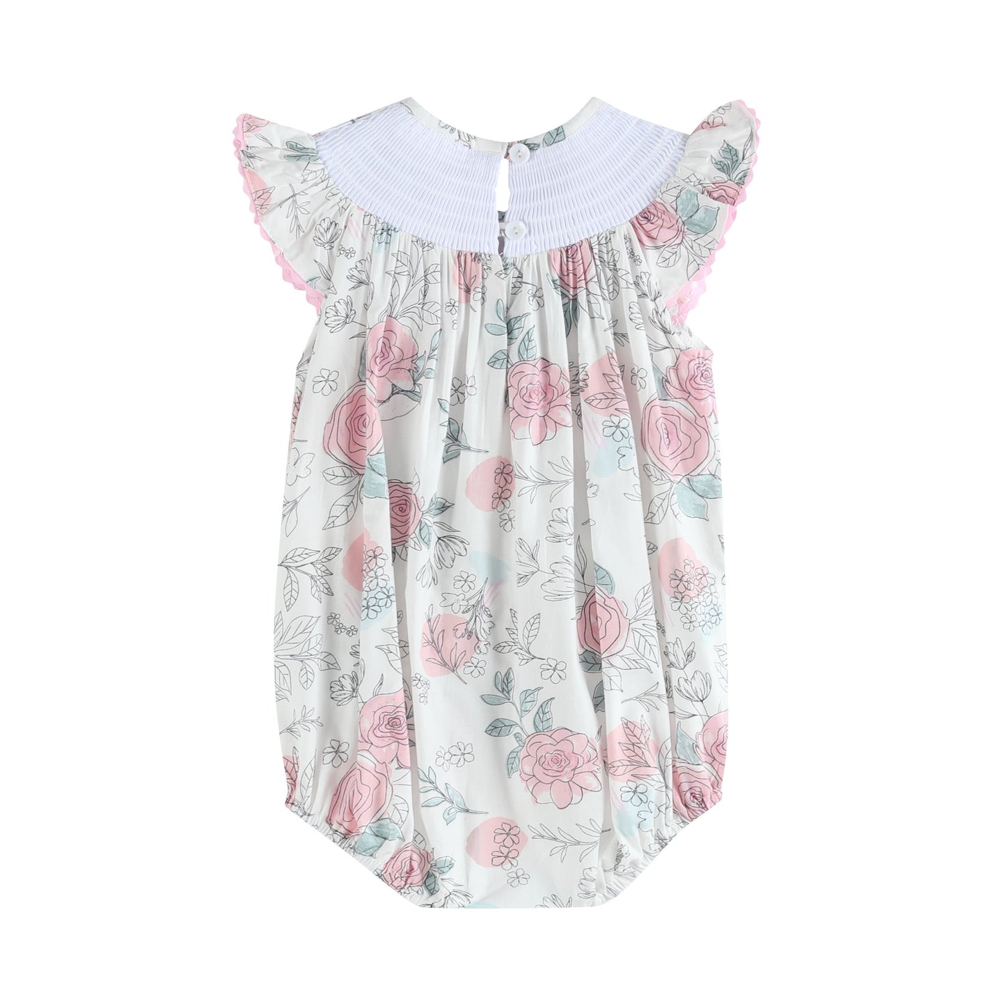 Baby Girl White and Pink Floral Smocked Flutter Romper