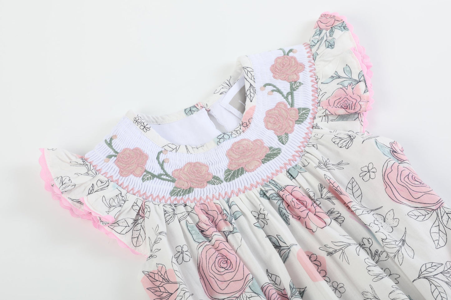 Baby Girl White and Pink Floral Smocked Flutter Romper