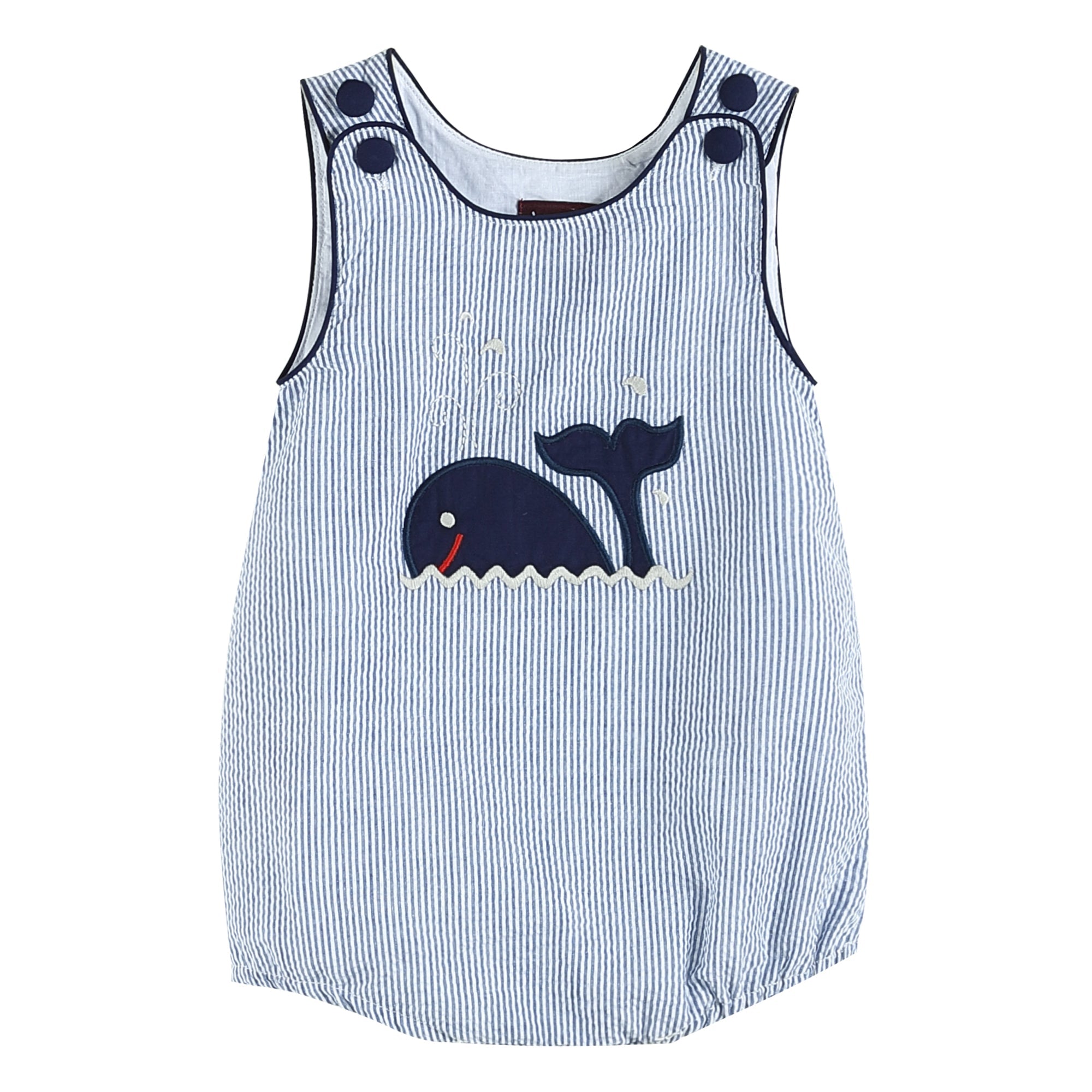 Dark Blue Seersucker Whale Bubble Romper