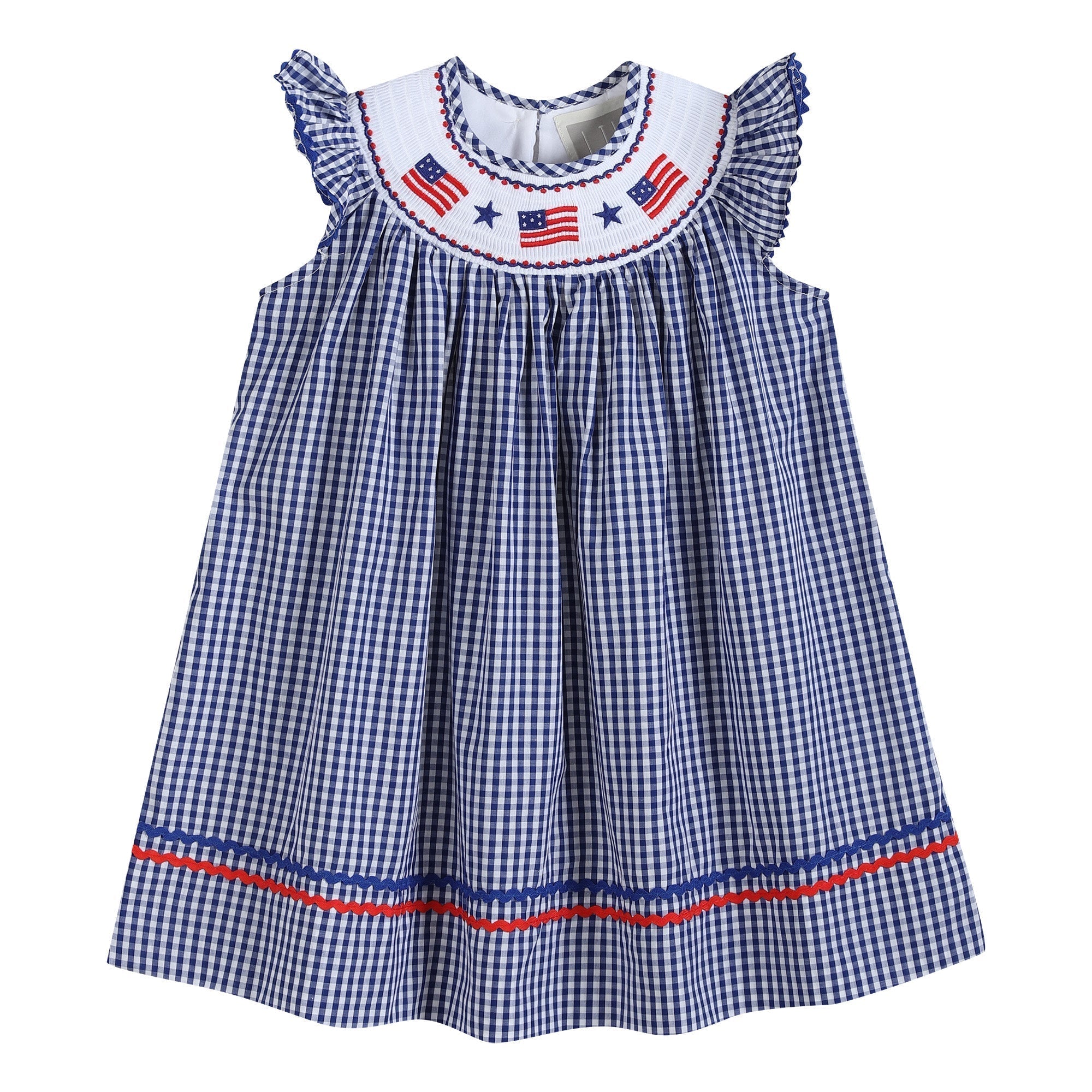 4th of July Royal Blue Gingham American Flag Smocked Bishop Dress - Blissfully Lavender BoutiqueLil Cactus