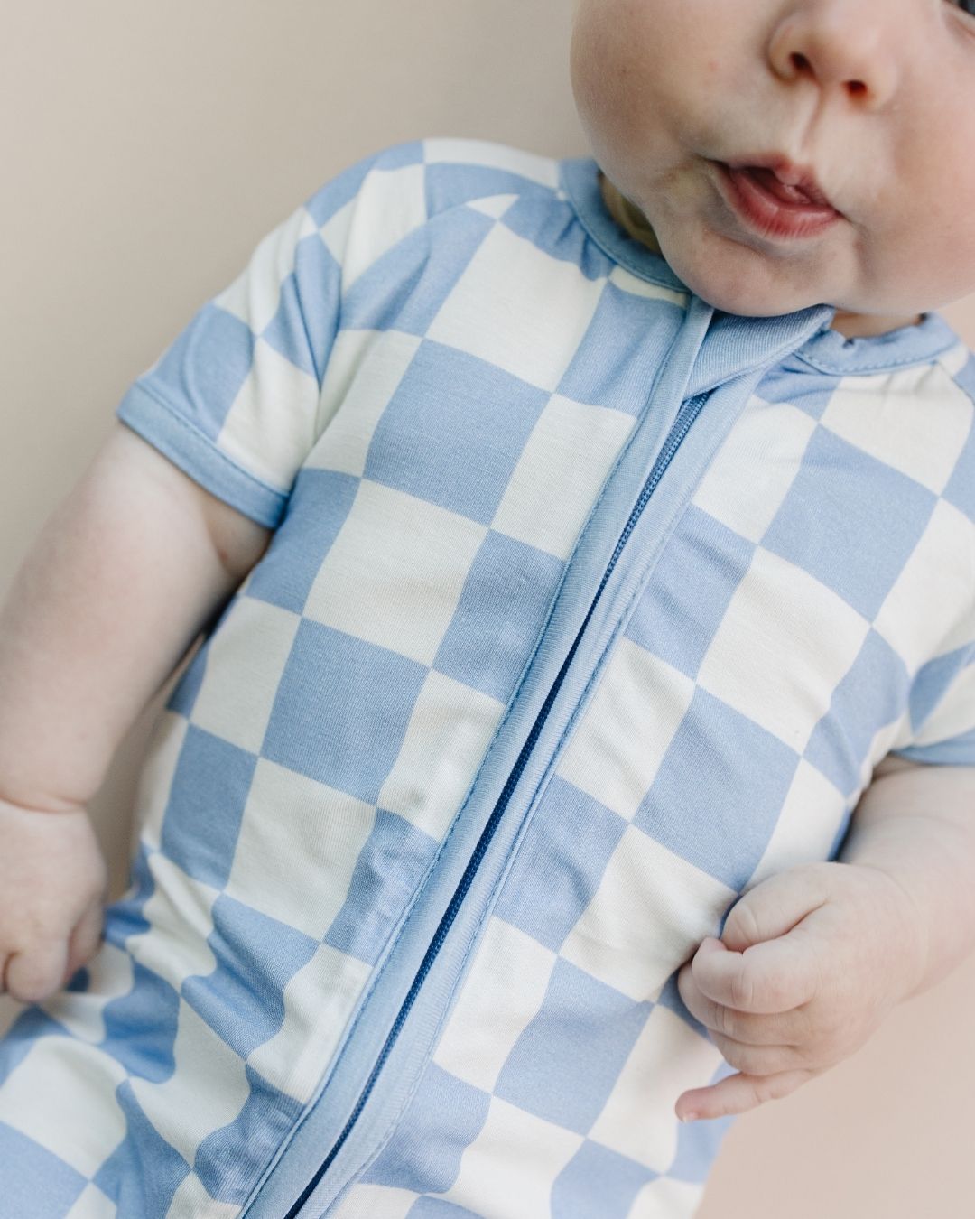 Blue Checkered Bamboo Shorty Baby Romper