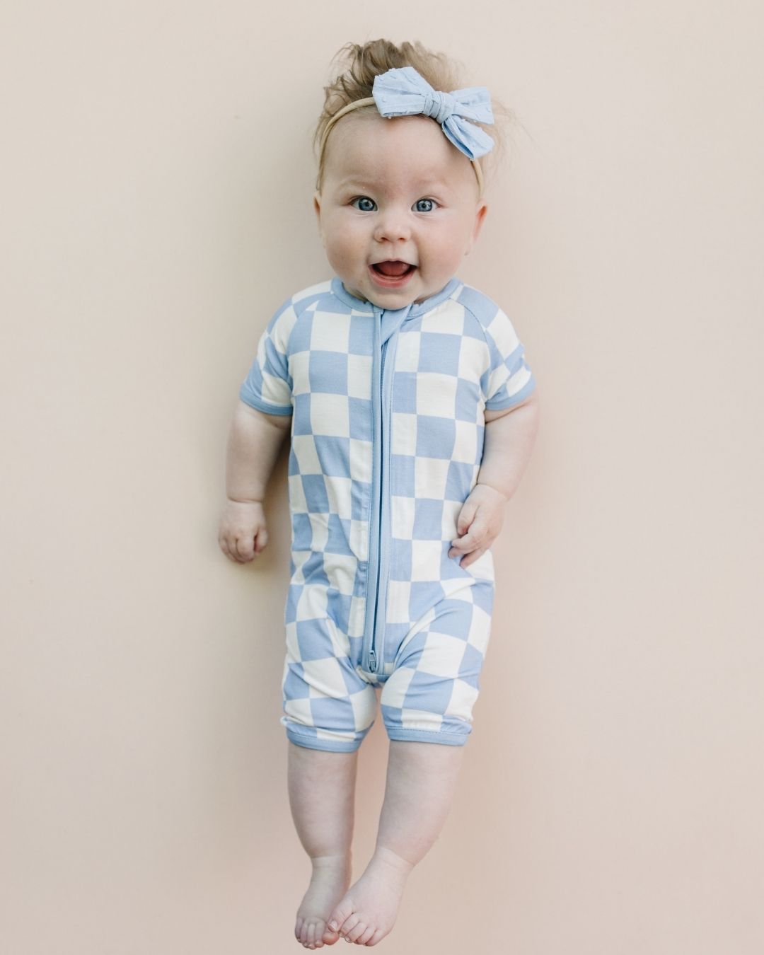 Blue Checkered Bamboo Shorty Baby Romper