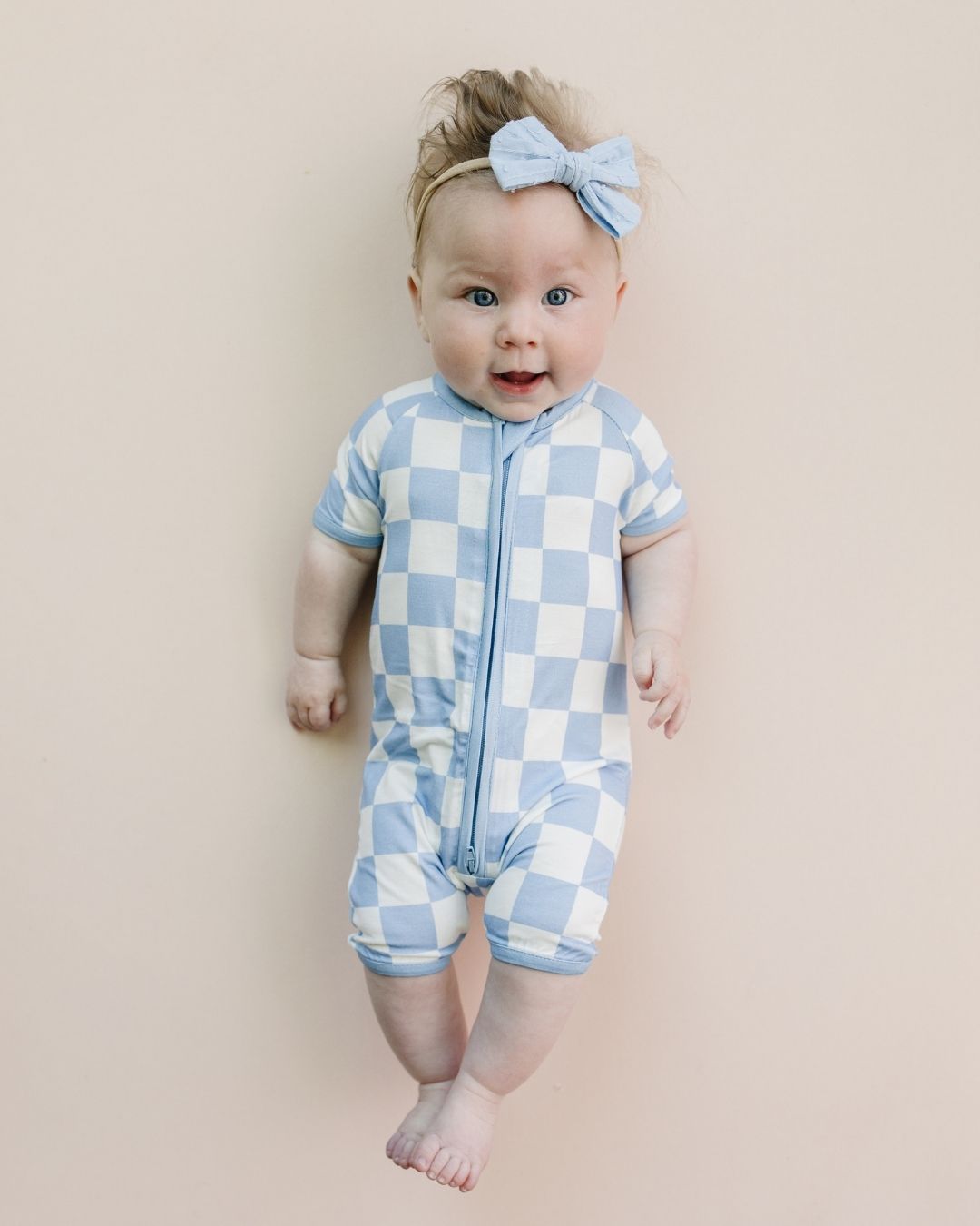 Blue Checkered Bamboo Shorty Baby Romper