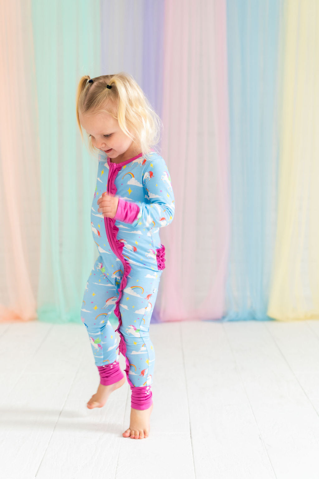 Girls Sage Bamboo Ruffle Convertible Pajama Footie