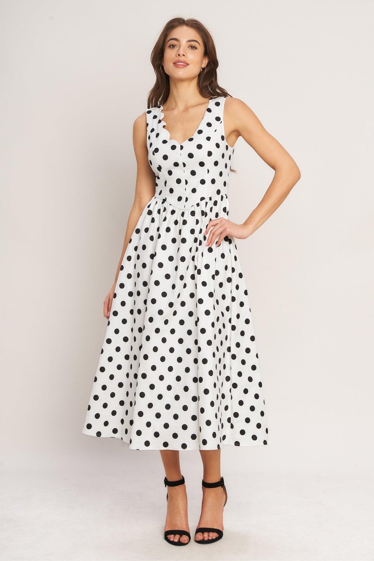 VINTAGE WHISPER POLKA WOVEN MIDI DRESS