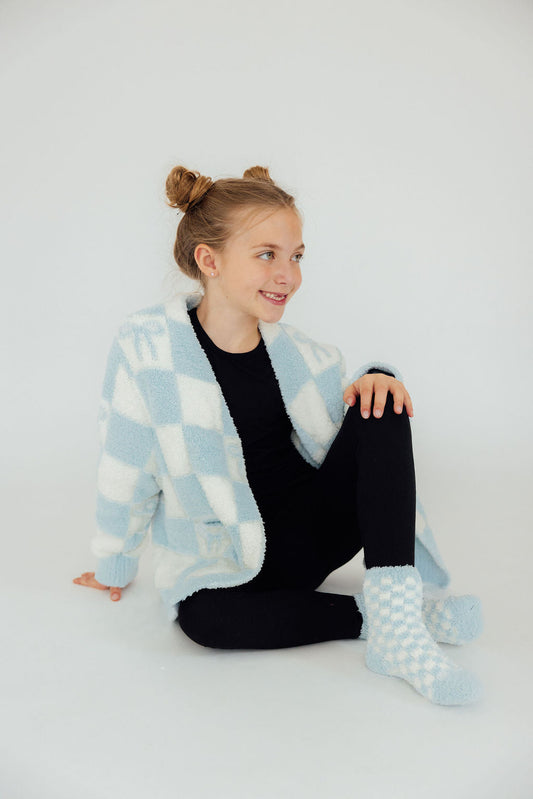 Light Blue Checker Bow Cozy Cardigan