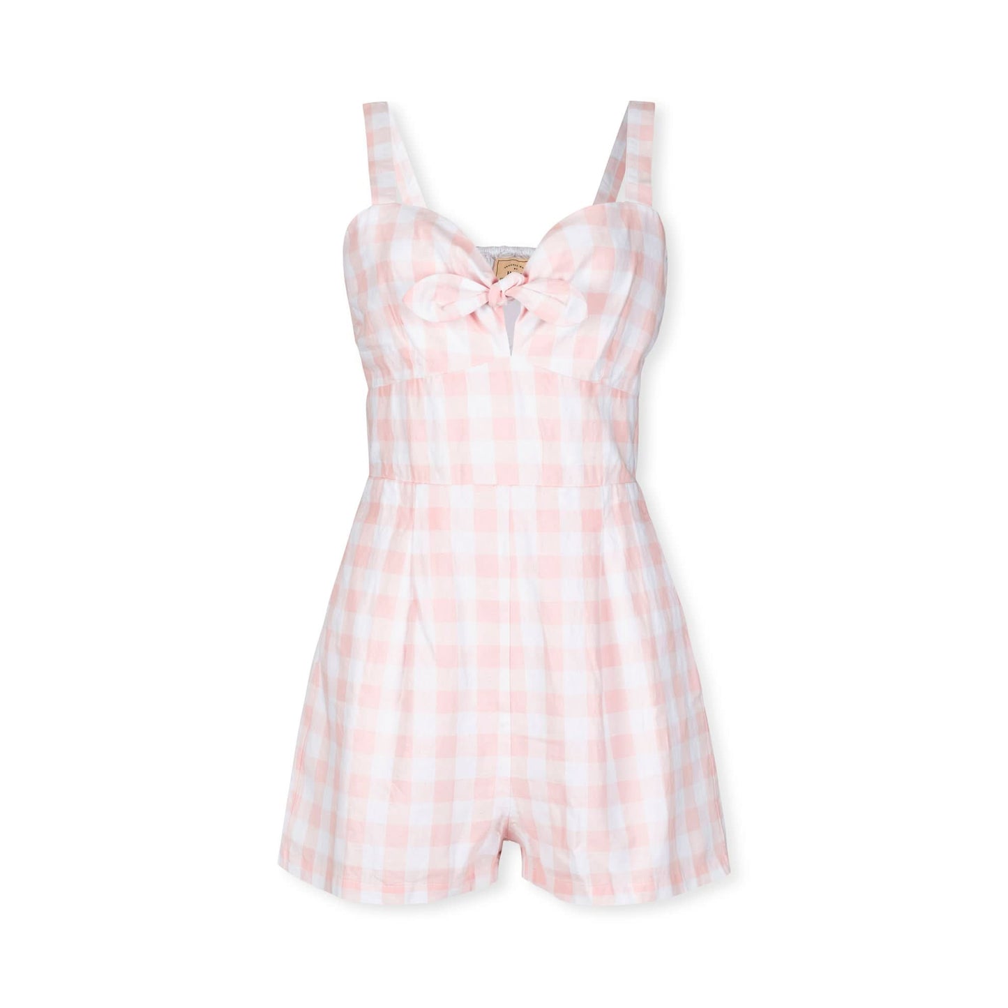 Women’s Pink Check Bow Romper – Organic Linen Blend