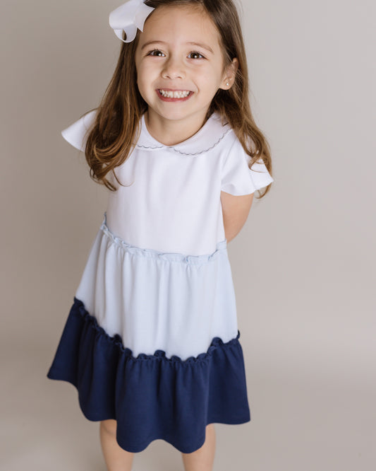 School Days Colorblock Pima Dress, Toddler Girls, White and Blue
