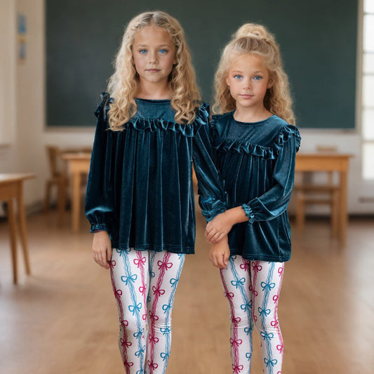 Velvet Teal Coquette Bow Pant Set