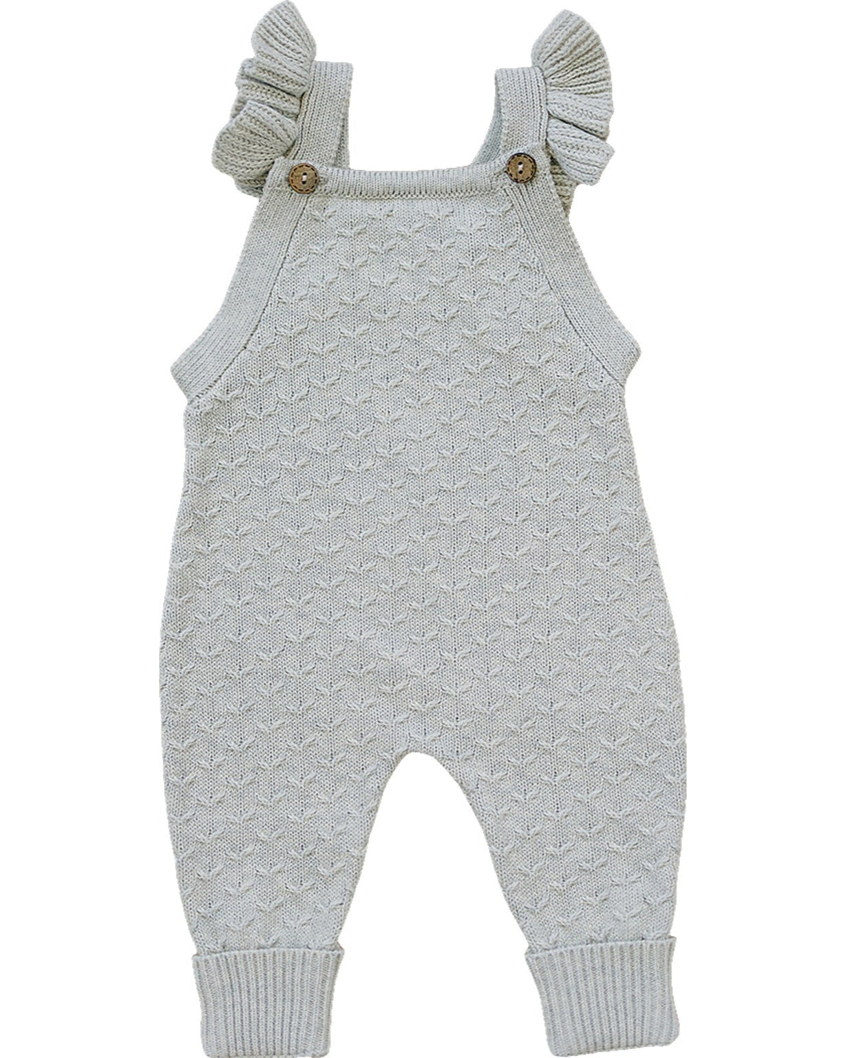 Knitted baby romper with ruffled straps on a white background