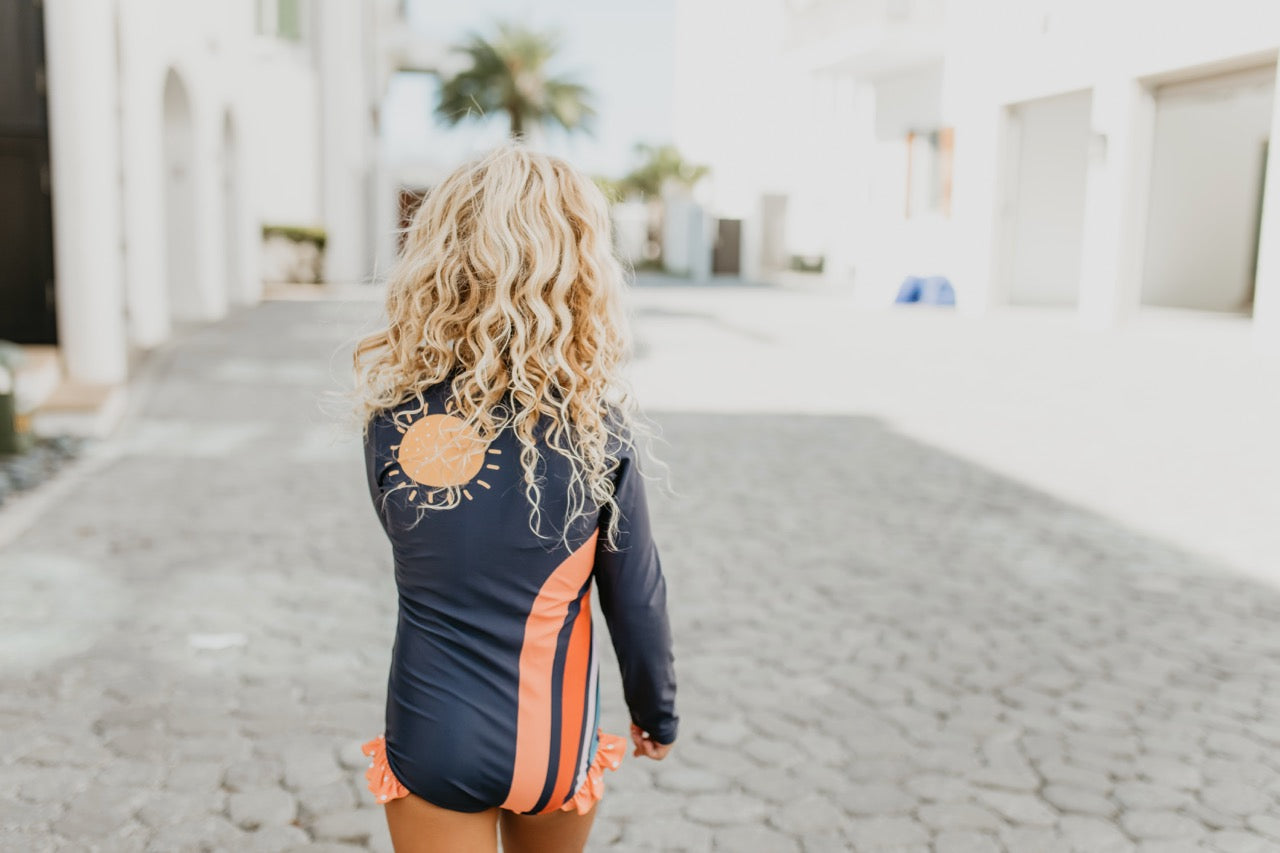Rainbow Stripe Navy Zip Rashguard Swimsuit