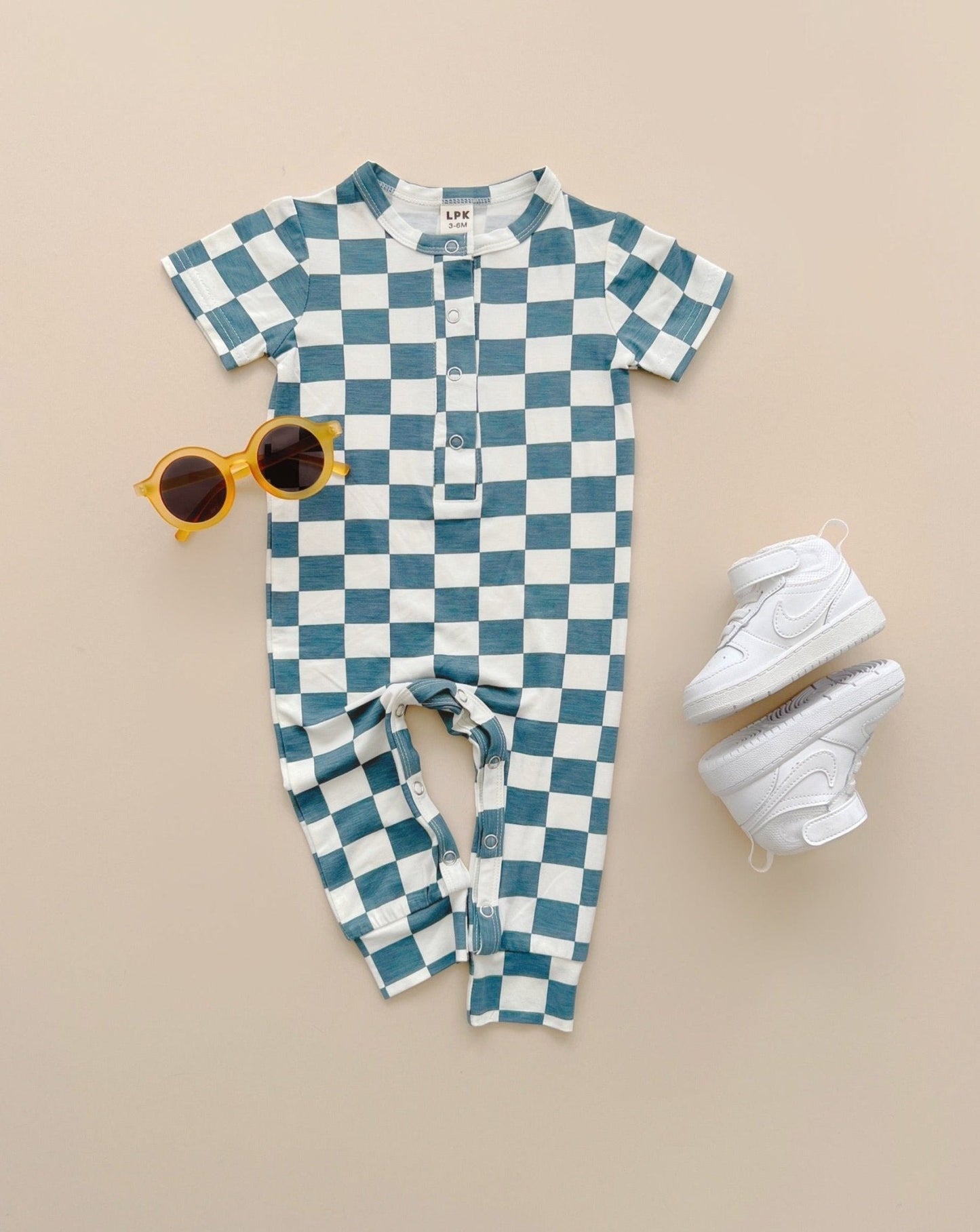 Baby Boy Blue Bamboo Checkered Jumpsuit - Blissfully Lavender BoutiqueLUCKY PANDA KIDS