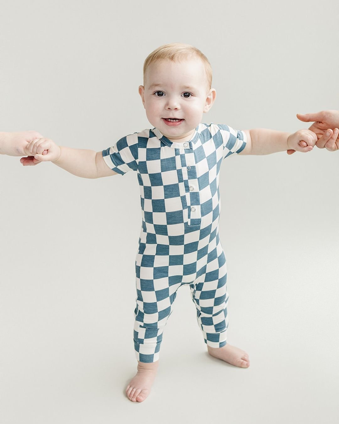 Baby Boy Blue Bamboo Checkered Jumpsuit - Blissfully Lavender BoutiqueLUCKY PANDA KIDS