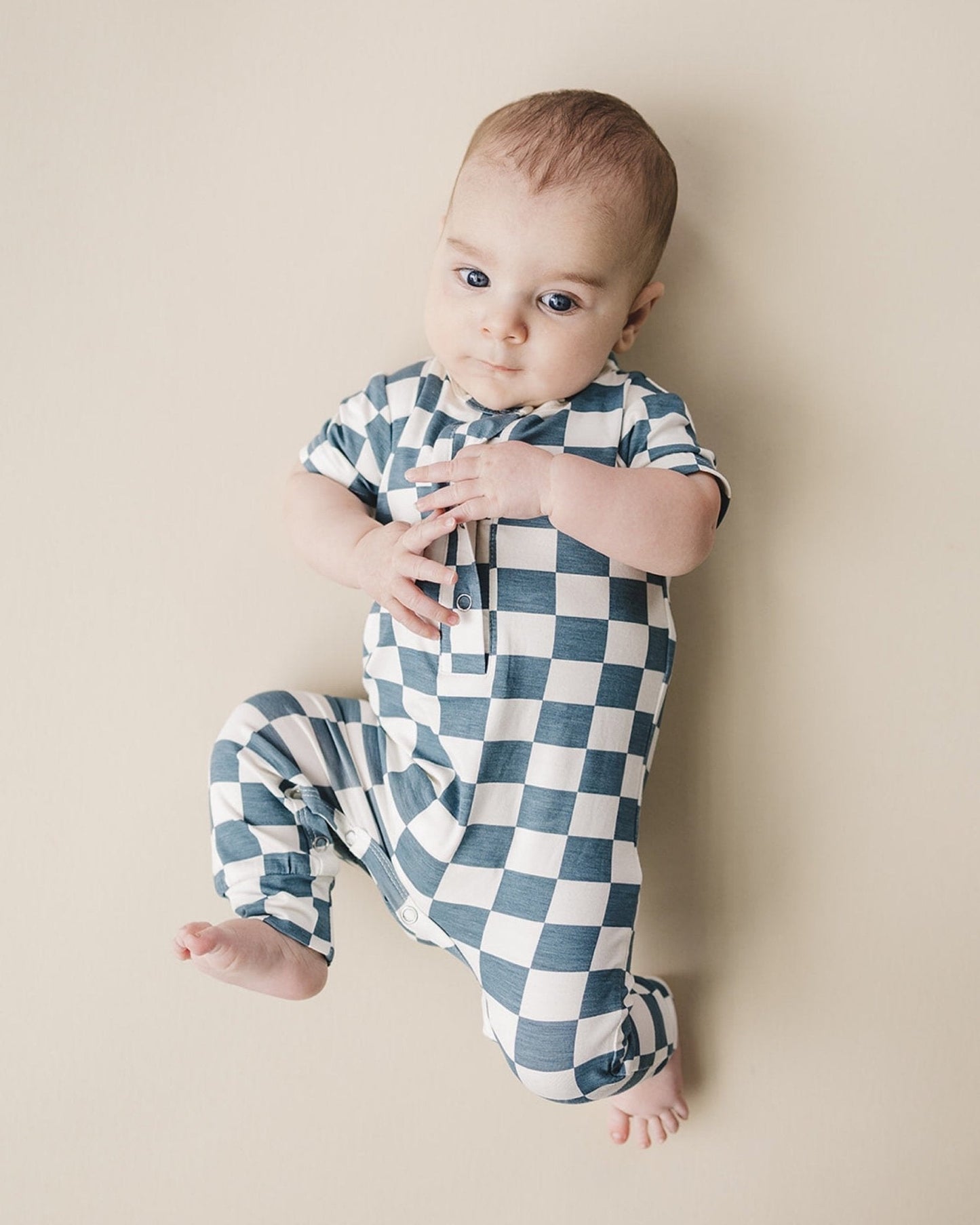 Baby Boy Blue Bamboo Checkered Jumpsuit - Blissfully Lavender BoutiqueLUCKY PANDA KIDS