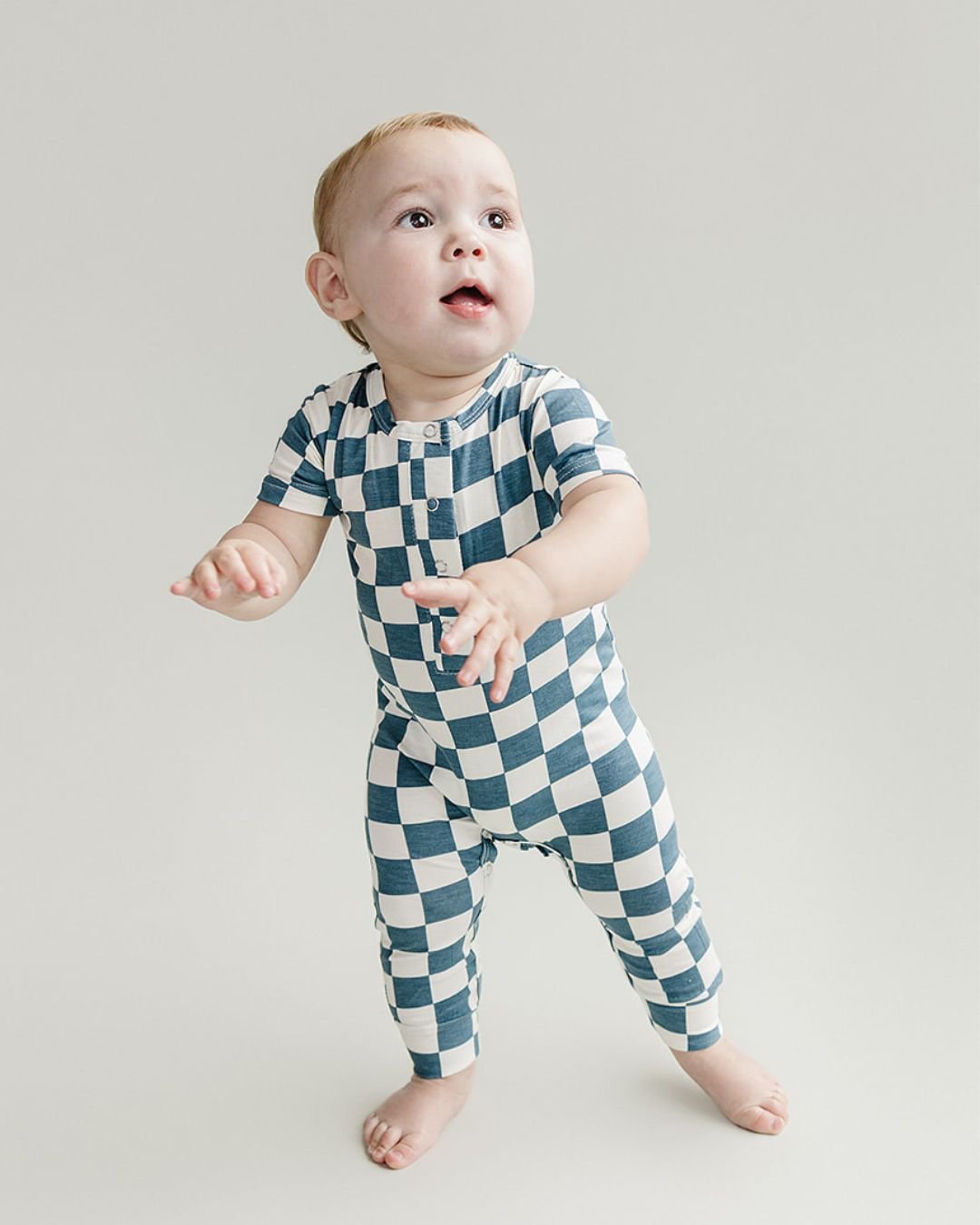 Baby Boy Blue Bamboo Checkered Jumpsuit - Blissfully Lavender BoutiqueLUCKY PANDA KIDS