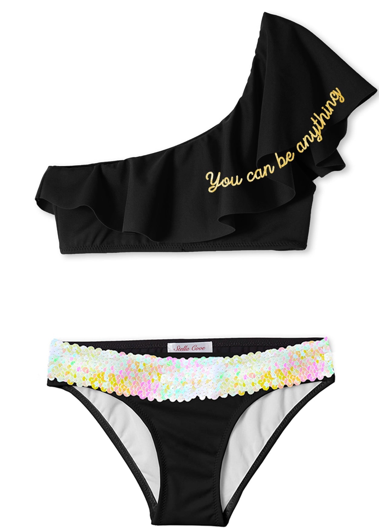 Girls "You Can Be Anything" Black One Shoulder Bikini with Sequin Belt - Blissfully Lavender BoutiqueStella Cove