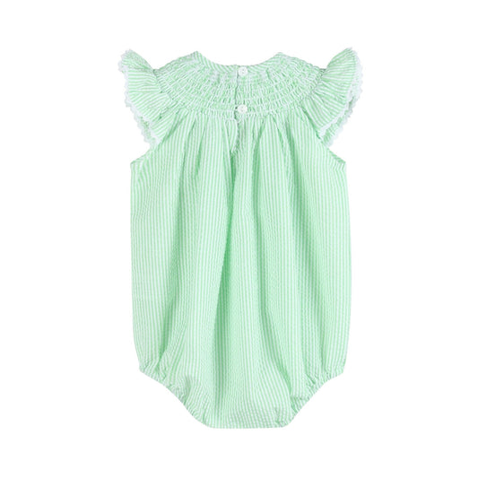 Green Seersucker Bunny Smocked Flutter Bubble Romper