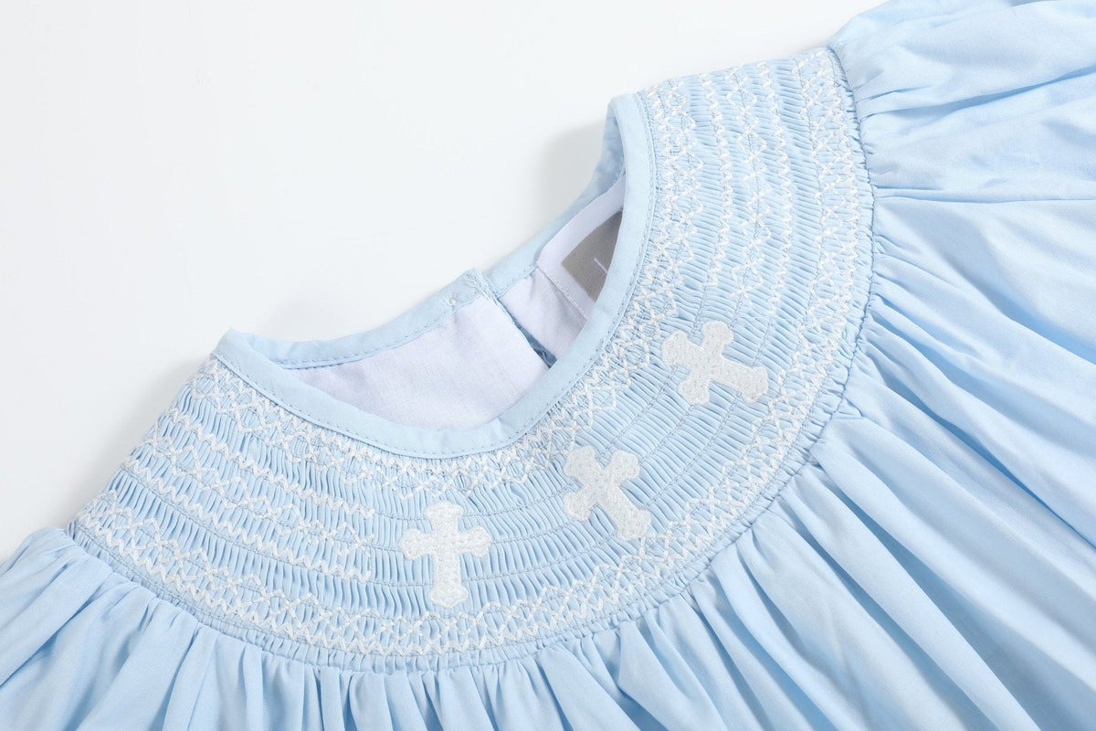 Light Blue Crosses Smocked Bishop Dress