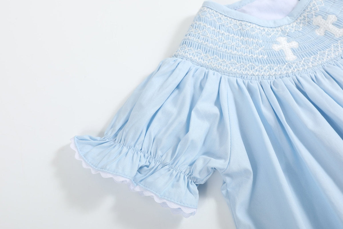 Light Blue Crosses Smocked Bishop Dress