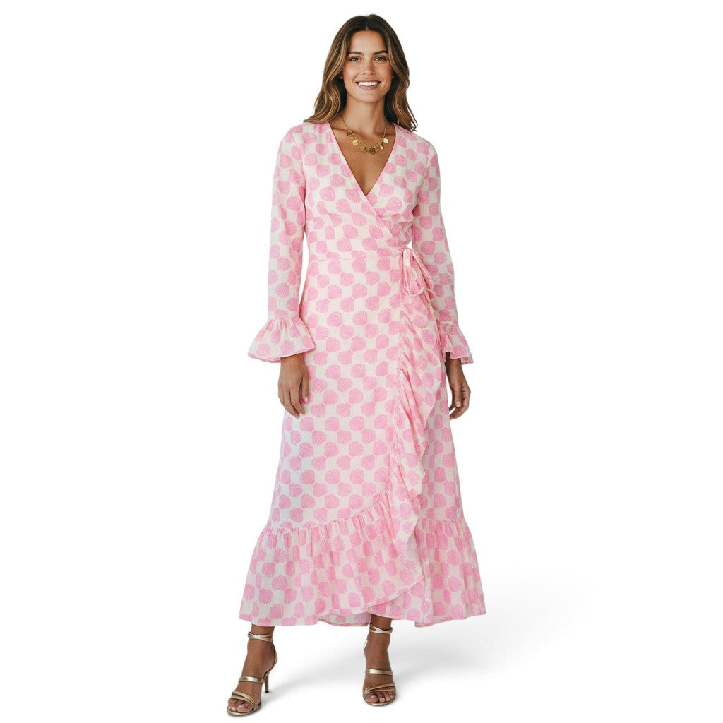 Genevieve Women's Ruffle Wrap Dress Shell Beach Pink