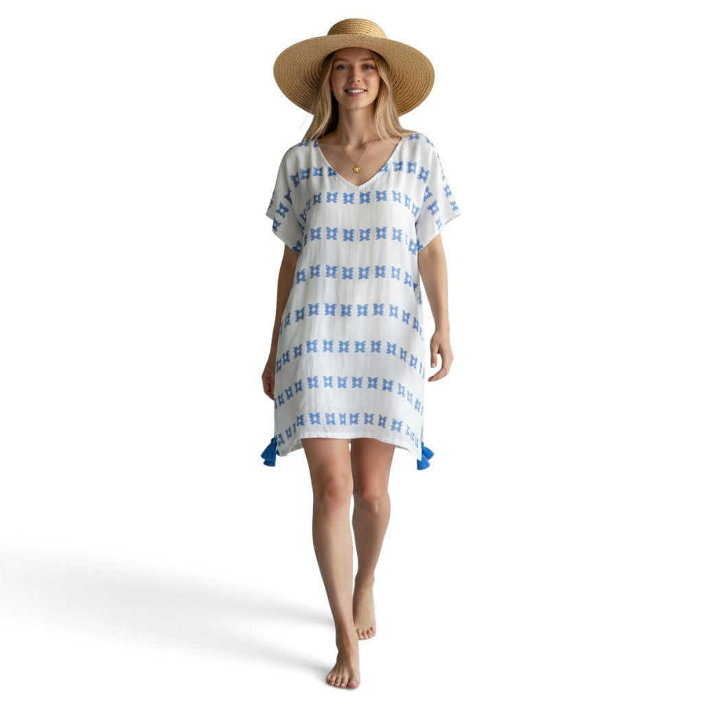 Capucine Women's Mini Caftan White with Blue Embroidery