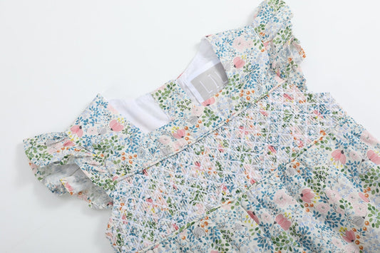 Pink Floral Print Smocked Futter Romper