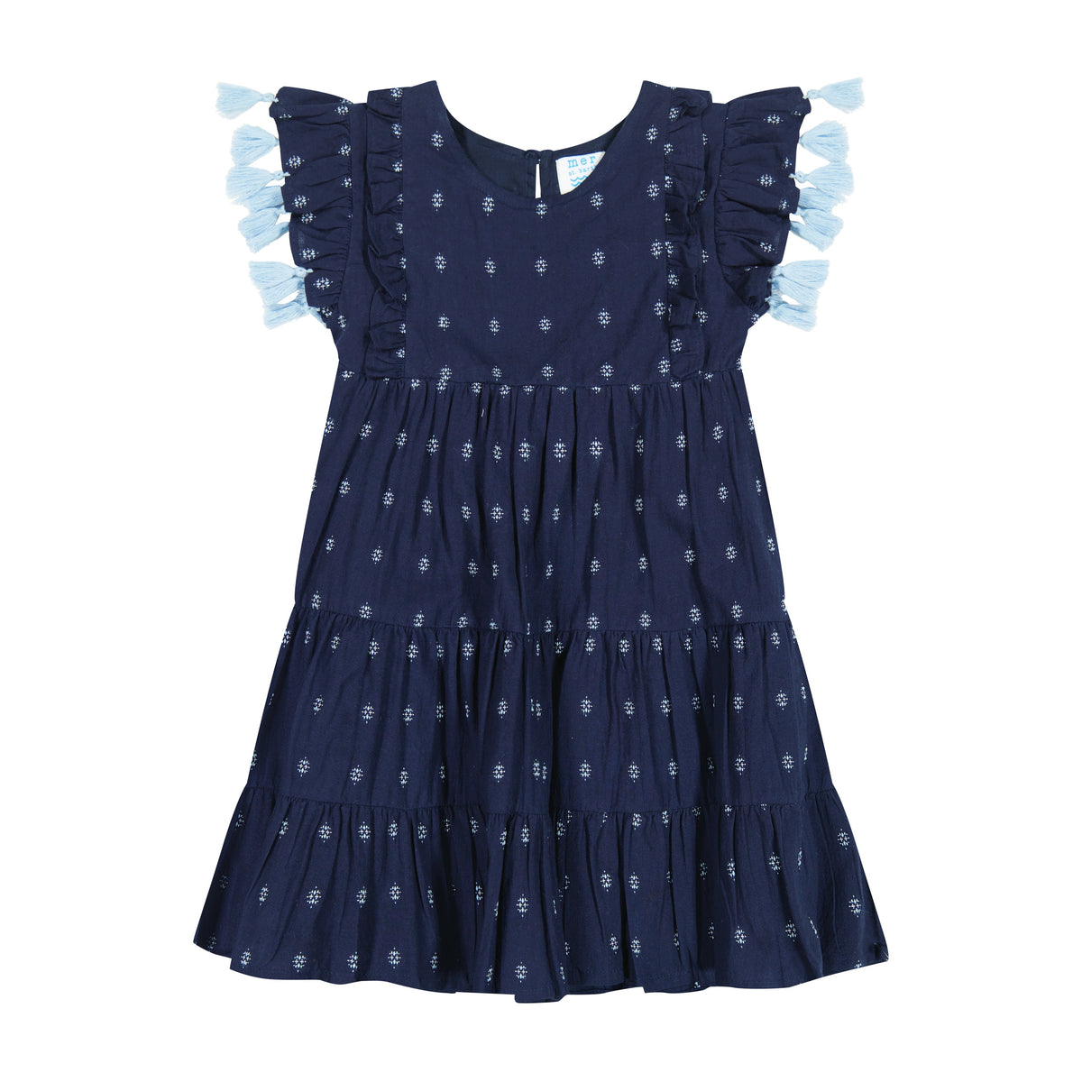 Sophie Girls' Tassel Dress Navy Turquoise Swiss Dot