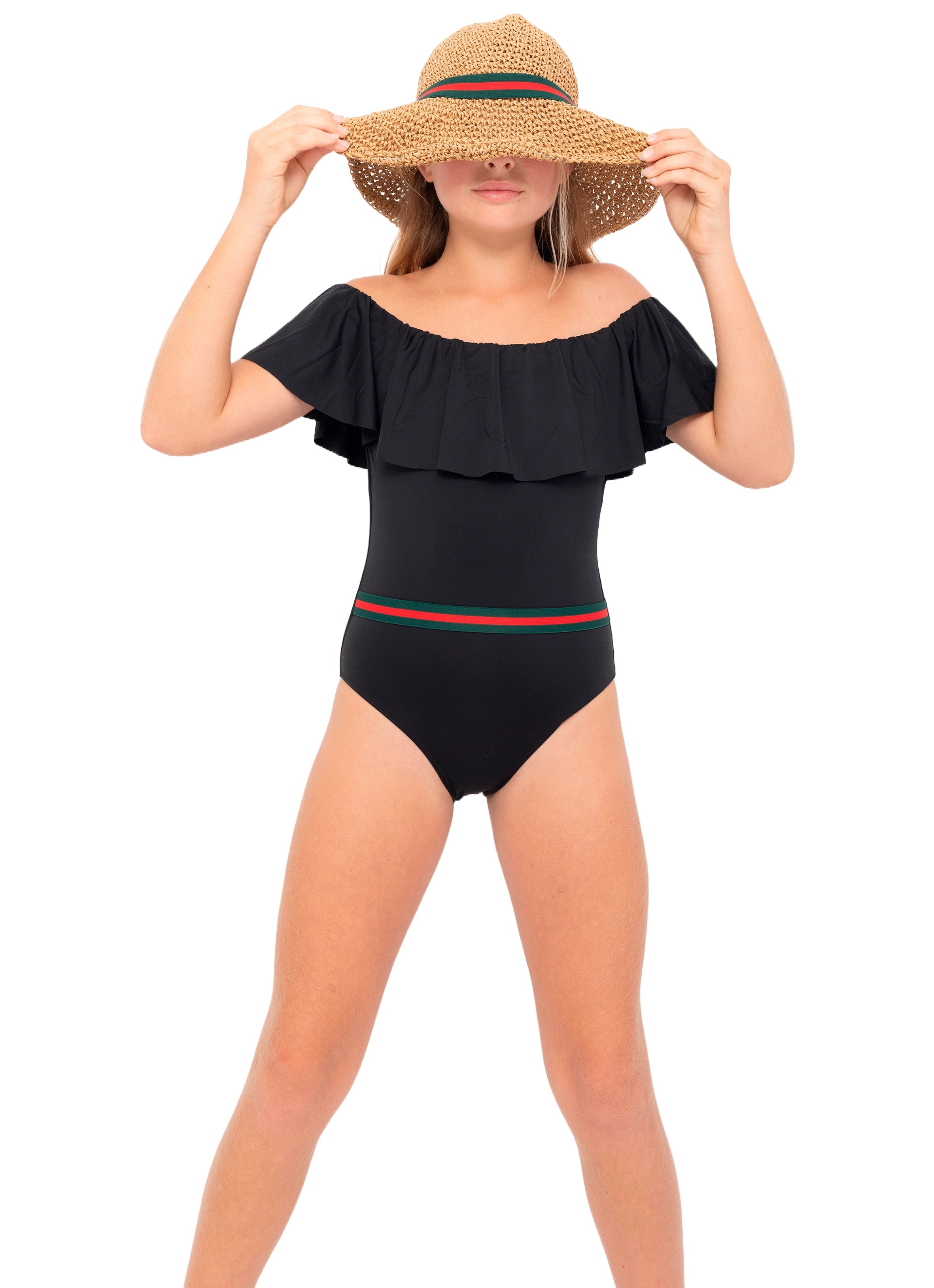 Black Draped Swimsuit with Belt