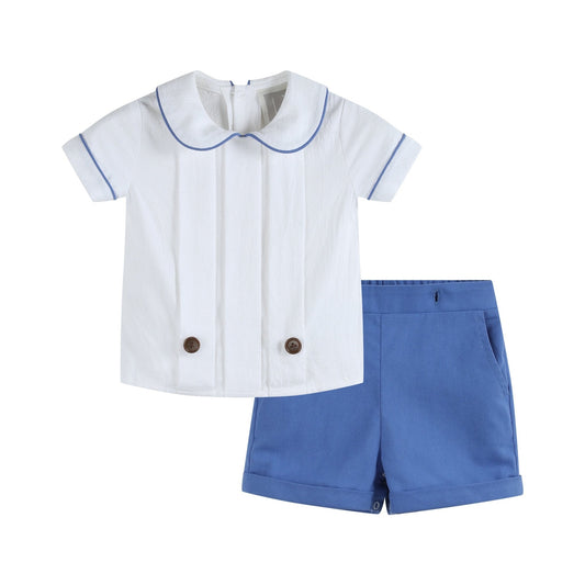 White Collared Top and Blue Button Shorts