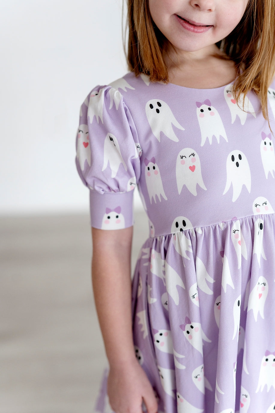Girls Puff Twirl Dress in Purple Girly Ghost