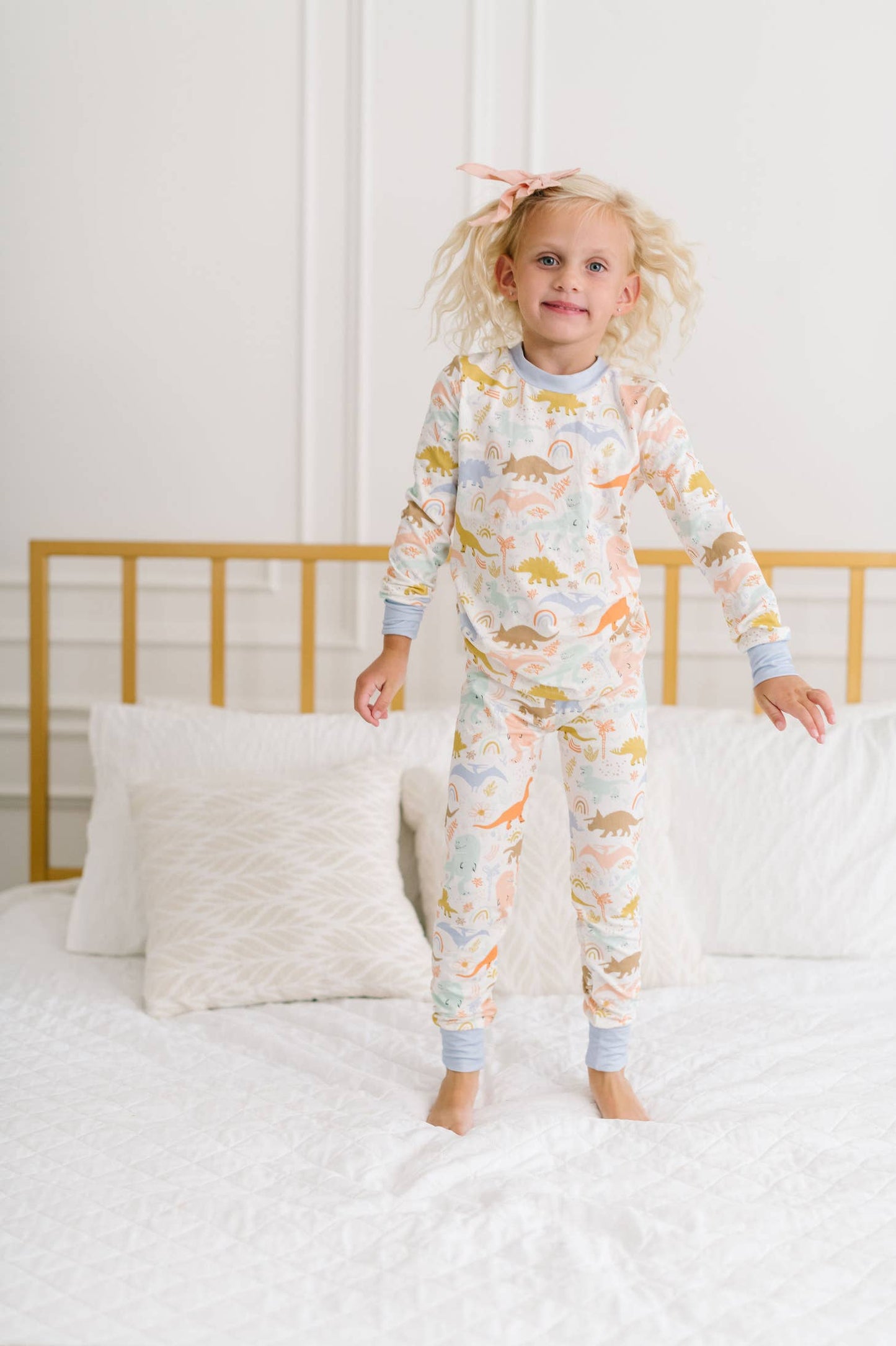 Girls Two-Piece Bamboo Pajama Set in Dainty Dinos