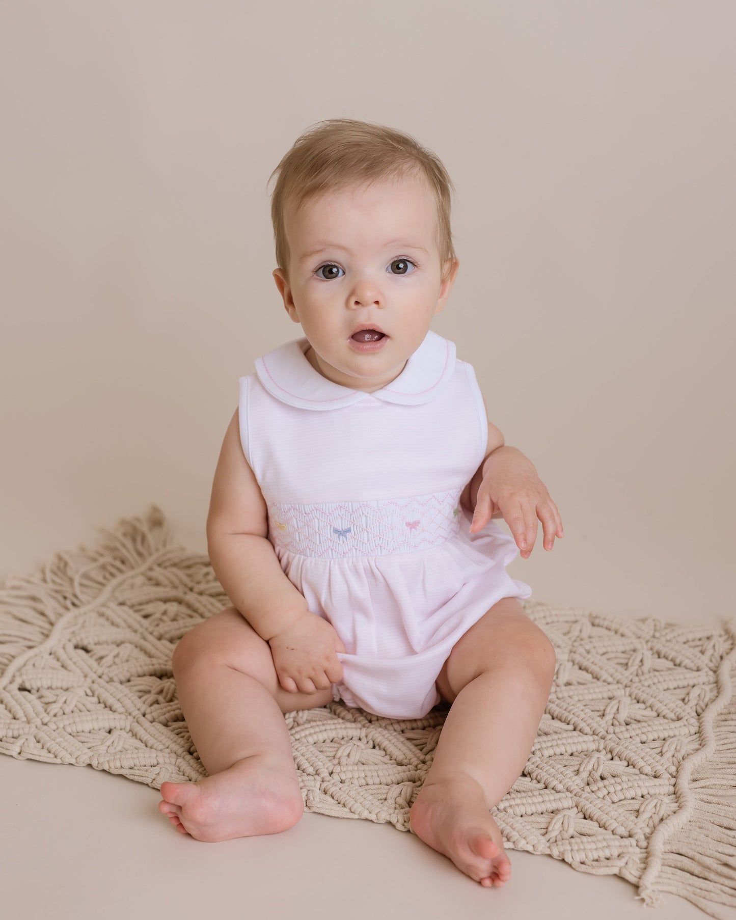 Baby Girl Pink Bow Smocked Bubble Romper