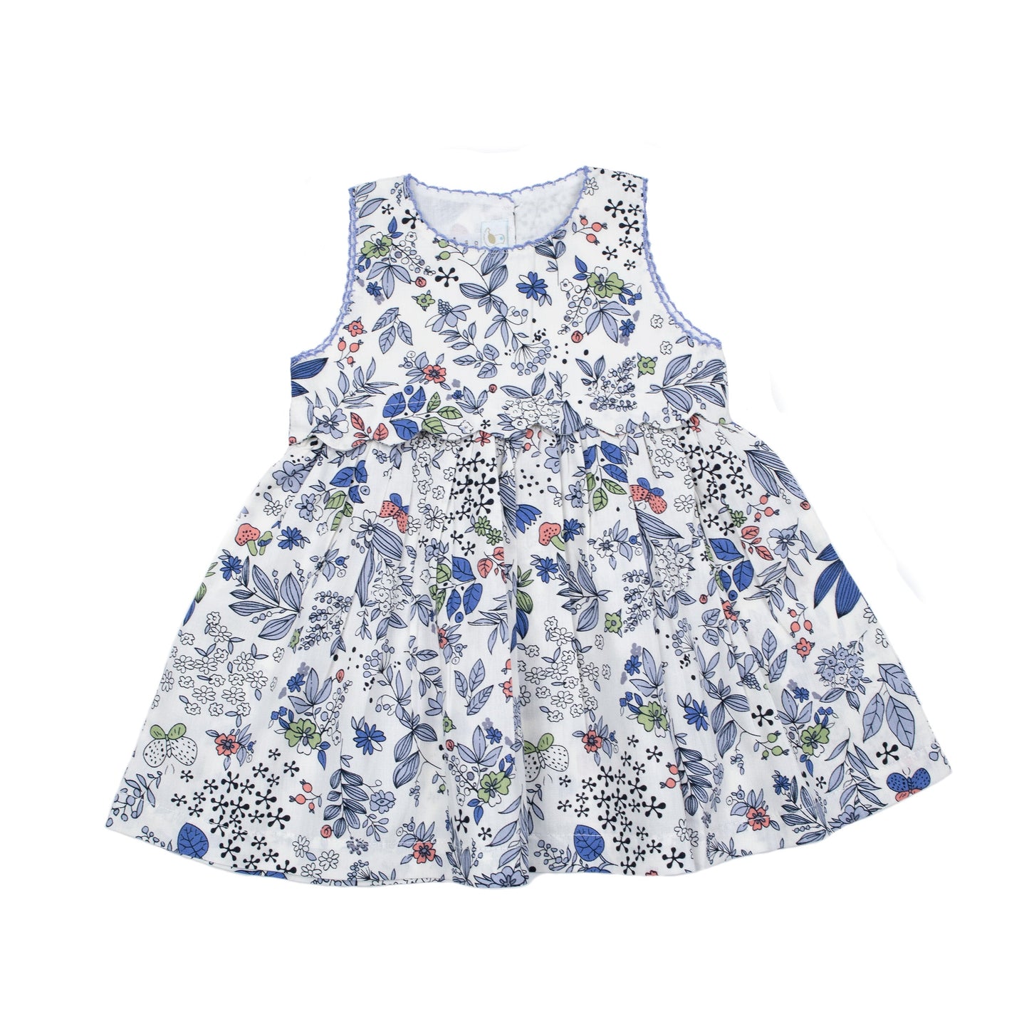 Girls Scalloped Trim Dress, Blue Multi