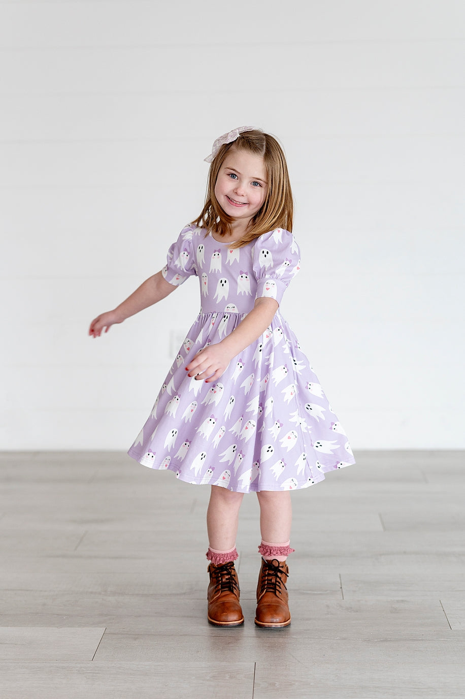 Girls Puff Twirl Dress in Purple Girly Ghost