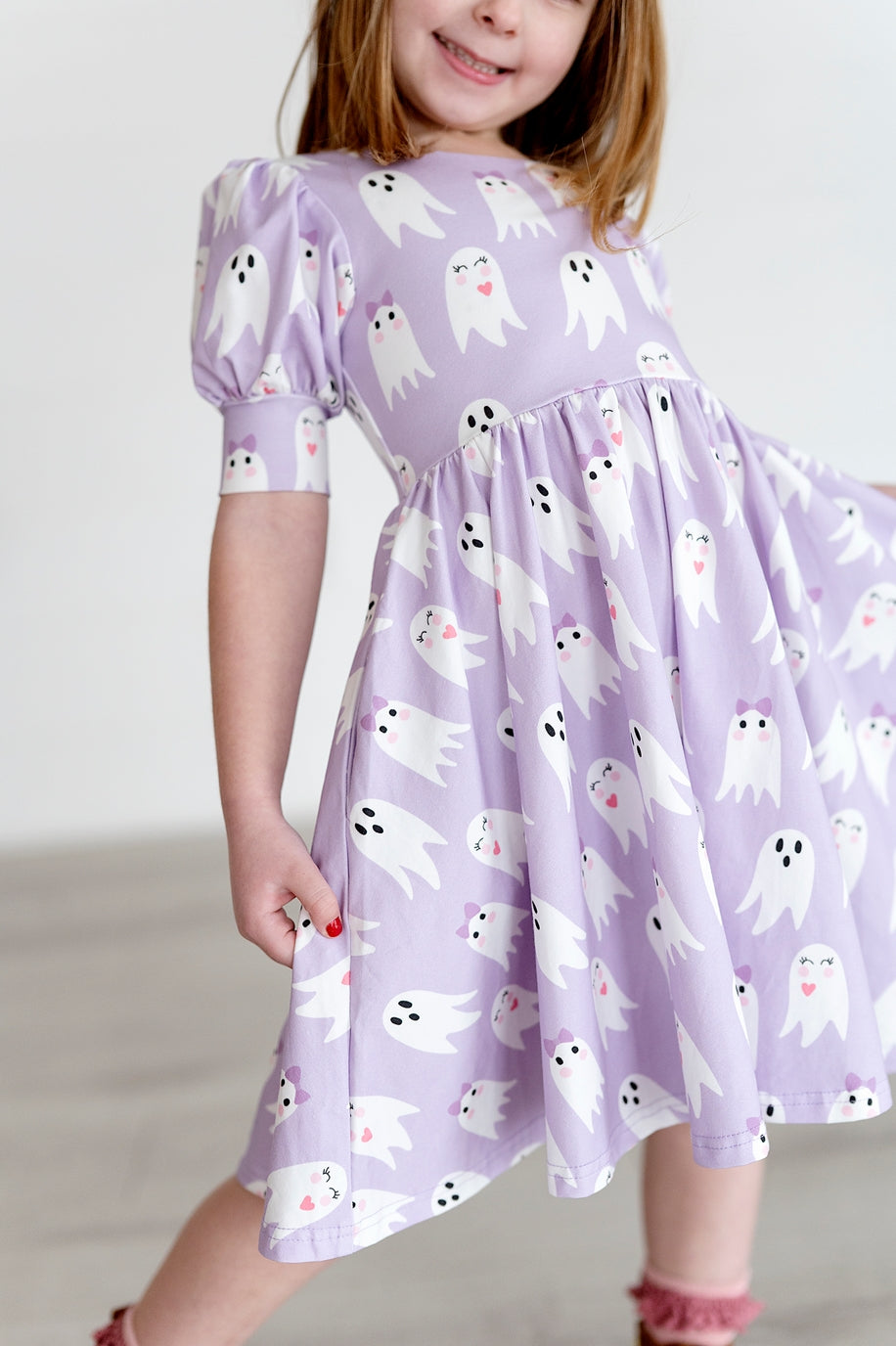 Girls Puff Twirl Dress in Purple Girly Ghost